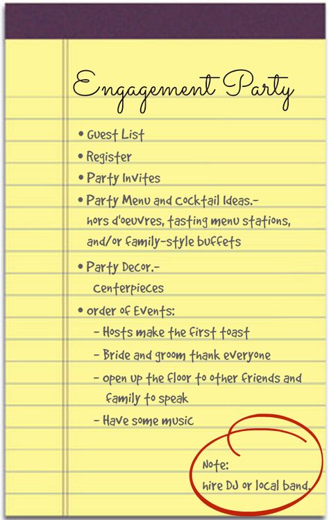 Kassandras to-do-list for Laura's engagement party. Pavilion Engagement Party, Engagement Party At Home Games, Engagement Party Checklist Planners, When To Have Engagement Party, Engagement Party List To Do, Small Engagement Dinner Ideas, Evening Engagement Party, Things To Do At An Engagement Party, What To Do At Engagement Party