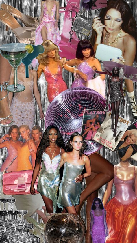 Disco sequins fashion runway collage art Disco Aesthetic 70s, Decades Party Outfit, Retro Disco Aesthetic, Retro Disco Outfit, Studio 54 Aesthetic, Disco Collage, Disco Party Outfit Ideas, Disco Party Aesthetic, Disco Theme Parties