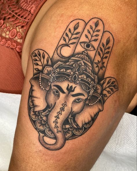 Ornamental Hamsa and Ganesha for Tabitha. Thank you for the trust! • • • #tattoo #blackandgreytattoo #hamsa #hamsatattoo #ganesha #ganeshatattoo #mandala #mandalatattoo #finelinetattoo #ink #shouldertattoo #dowhatyoulove #longislandtattoo Ganesha Tattoo Mandala, Trust Tattoo, Hamsa Hand Tattoo, Fine Line Tattoo Ideas, Line Tattoo Ideas, Hamsa Tattoo, Ganesha Tattoo, Forearm Sleeve Tattoos, Fine Line Tattoo