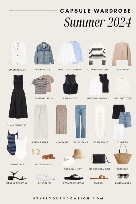 Summer Work Wardrobe Capsule, Midsize Summer Capsule Wardrobe, Summer City Break Capsule Wardrobe, Preppy Capsule Wardrobe Summer, Summer Business Casual Capsule Wardrobe, European Fashion Summer 2024, France Capsule Wardrobe Summer, Womens Capsule Wardrobe 2024, Summer French Capsule Wardrobe