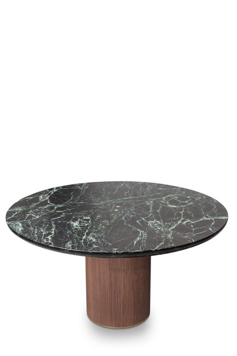 The QD05 dining table is made of green marble and a walnut wood base with beautiful details made in brass. Its elegant simplicity makes it adaptable to many spaces. Marble Dinning Table, Dining Table With Marble Top, Marble Tables Living Room, Round Marble Table, Walnut And Brass, Marble Tables Design, Table With Marble Top, Round Marble Dining Table, Marble Desk