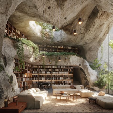 cave dwelling x luxury ✨🖤 - Carved into a forgotten island, this multi-level sanctuary blends modern luxury with ancient tradition. Natural light graces a cave pool, whispering tales of nature and designs’ coexistence 🧚‍♂️ - #cavedweller #islandliving🌴 #architecturaldetails #architecturaldesigns #organicarchitecture #contemporarystyle #contemporarydecor #ancientarchitecture #naturallighting #midjourneyarchitecture #luxuryarchitecture #interiordesigncommunity #architecturephotography #biophili... Cave Inspired Architecture, Cave Architecture, Cave Interior, Nature Library, Cave Dwelling, Cave Houses, Cave Pool, Cave Room, Exotic Homes