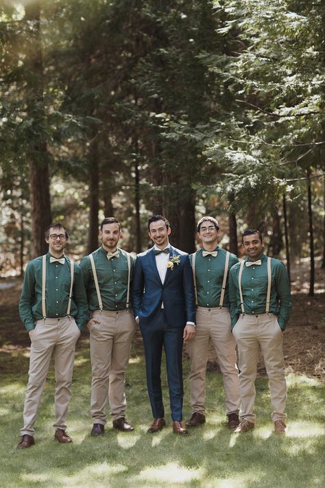 Groomsmen Colored Shirts, Gray And Green Groomsmen Attire, Green Shirt Groomsmen, Blue Suits With Green Ties, Emerald Green Groomsmen Attire Suspenders, Eucalyptus Groomsmen Attire, Groomsmen Green Suspenders, Dark Green Groomsmen Attire Suspenders, Green Vest Groomsmen