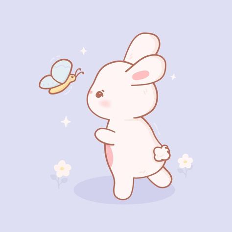 Kawaii Butterfly, Kawaii Rabbit, Butterfly Cute, Website Ideas, Image Bank, Yellow Butterfly, Cartoon Style, Cute Bunny, Sticker Art