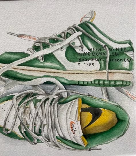 watercolor painting of the Nike Dunk Low x Off-White Pine Green #art #watercolor #painting #offwhite #nikedunk #dunks Nike Dunks Drawing, Aesthetic Art Drawing Paintings, Nike Dunk Drawing, Nike Painting, Green Aesthetic Art, Nike Drawing, Human Sketch, Painted Nikes, Art Alevel