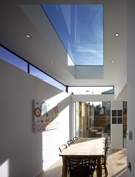 Love the high level/clerestory windows and skylight.: Skylights Ideas, Flat Roof Extension, Skylight Kitchen, Roof Extension, House Extension Design, Clerestory Windows, Roof Window, Roof Light, House Extensions