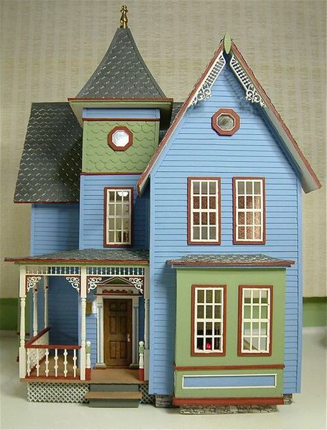 Dollhouse blue & green Fairfield Dollhouse, Fairfield House, Miniature Dollhouses, Wee Folk, Victorian Dollhouse, Victorian Dolls, Miniature Rooms, Dollhouse Kits, Tiny Things