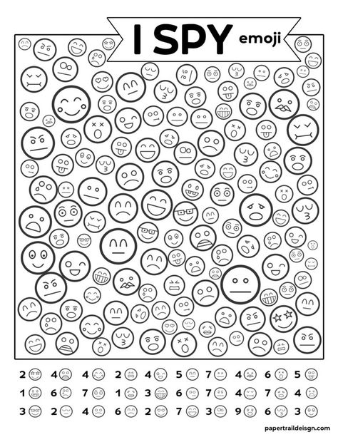 Free Printable I Spy Emoji Game. Boredom buster for fun summer, winter, or road trip travel games. Find the emoticon faces. #papertraildesign #ispyprintable #boredkids #travel #kids #travelgames Paper Trail Design, Emoji Game, Bored Kids, Emoji Games, I Spy Games, Spy Games, Trail Design, Hidden Pictures, Boredom Busters