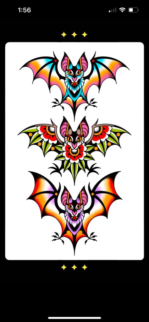 Bat Tattoo New School, Bat Tattoo Ideas Traditional, Quick Flash Tattoo, Disney Knee Tattoo, Traditional Style Bat Tattoo, New School Flash, American Traditional Tattoo Filler, Color Flash Tattoo, Trad Bat Tattoo