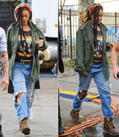 Rihanna a Rasta in new movie "Oceans Eight" Crazy Horse Dr Martens Outfit, Reggae Concert Outfit Ideas, Brown Dr Martens Outfit, Dr Martens Crazy Horse, Heart Eater, Reggae Concert Outfit, Rasta Vibes, Reggae Fashion, Rhianna Style