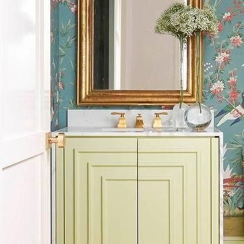 Yellow Art Deco Washstand with Brass French Mirror Collins Interiors, Waterfall Countertop, Ladies Room, Art Deco Bathroom, Art Deco Decor, Vanity Design, Color Play, Custom Home Builders, Decorating On A Budget