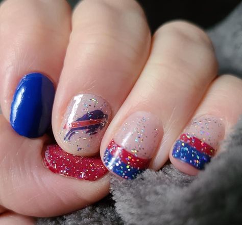 Glittersweet, Greeking Out and Beijing Beauty (Bills nail decal from Amazon) Buffalo Bill Nails, Buffalo Bills Makeup, Buffalo Bills Nail Ideas, Buffalo Bills Nails Design, Bills Nails, Buffalo Bills Nails, Football Nail Designs, Sports Nails, Football Nails