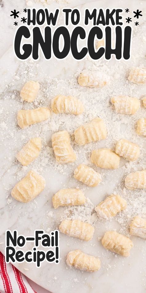 Enjoy soft and comforting homemade potato gnocchi that has just five pantry-staple ingredients. Toss with butter, fresh herbs, and seasoning! Best Gnocchi Recipe, Homemade Potato Gnocchi, Make Gnocchi, Gnocchi Recipes Easy, Gnocchi Recipes Homemade, Gnocchi Dishes, How To Cook Gnocchi, Making Gnocchi, Gnocchi Recipe