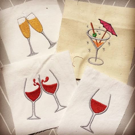 Alcohol Embroidery, Wine Glass Embroidery, Cocktail Embroidery Designs, Wine Glass Embroidery Design, Drink Embroidery, Wine Embroidery Designs, Embroidery Machine Projects, Hand Embroidery Cocktail Napkins, Wine Embroidery