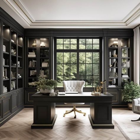 soft black chic home office Home Office Dark, Home Office Design On A Budget, Color Of The Year 2024, Elegant Home Office, Office Paint Colors, Home Library Rooms, Behr Colors, Luxury Office, Elegant Home