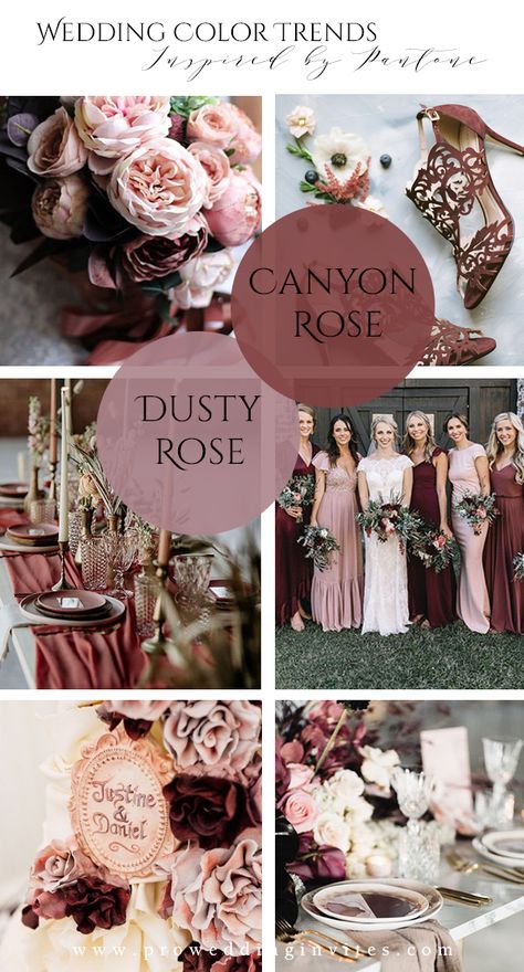 Muted Pink Color Palette Wedding, Canyon Rose Wedding, Spring Wedding Theme, Acrylic Invites, Dusty Rose Wedding Colors, Rose Wedding Theme, Wedding Theme Color Schemes, Canyon Rose, Dusty Pink Weddings