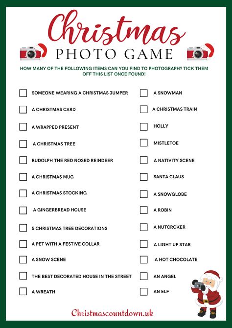 Christmas Photo Game Photo Scavenger Hunt, Photo Games, Printable Checklist, Christmas Train, Rudolph The Red, An Elf, Well Decor, Red Nosed Reindeer, Snow Scenes