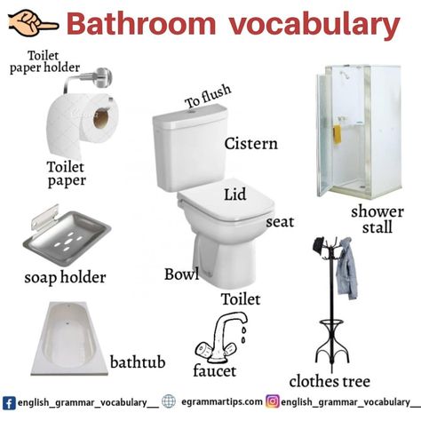 english grammar vocabulary ✌️ on Instagram: “Bathroom  vocabulary • Like❤ | Comment💬 | Tag🏷 | Share💌 • 🔔Turn On Post Notifications and Never Miss Any Update! Check my YouTube.…” Bathroom Vocabulary, English Conversation Learning, Instagram Bathroom, English Today, English Learning Books, English Transition Words, Grammar Vocabulary, English Language Learning Grammar, Conversational English