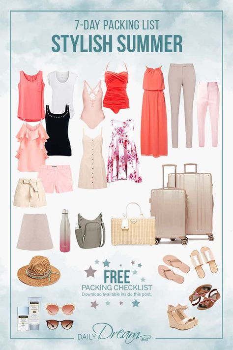 We share our travel tips for a seven-day summer packing list filled with fashion ideas for your vacation plus download a FREE summer packing checklist. | #Fashion #Summer #PackingList #Free #Download | Summer Packing List, Summer Packing Lists, Summer Packing, Holiday Packing, Packing Checklist, Travel Capsule Wardrobe, Vacation Packing, Summer Capsule Wardrobe, Packing List For Travel