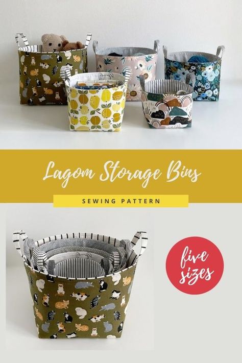 Lagom Storage Bins sewing pattern (5 sizes). These nesting fabric storage baskets to sew are made with sturdy handles and they're perfect for every room of the house and an ideal sew for beginners. These nesting bins are reversible too. Fabric storage bins sewing pattern for beginners. Sewing room storage ideas. SewModernBags Sew Baskets Diy, Sewing Basket Pattern, Storage Baskets For Clothes, Diy Fabric Bins, Storage Bags Diy Sewing Patterns, Fabric Laundry Basket Diy, Fabric Storage Boxes How To Make, Diy Fabric Basket Storage Bins, Fabric Bin Free Pattern