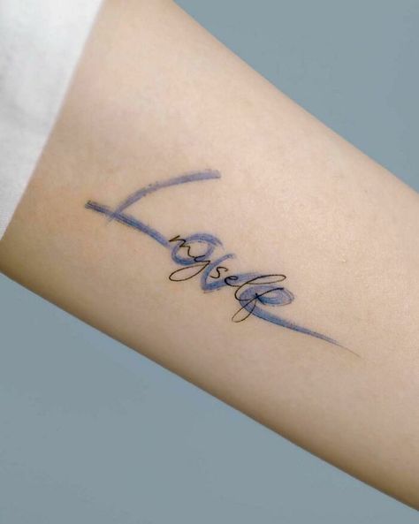 Love Myself Tattoo, Simple Word Tattoos, Myself Tattoo, Meow Tattoo, Unity Tattoo, Phrase Tattoos, Handpoke Tattoo, Blue Tattoo, 타이포그래피 포스터 디자인