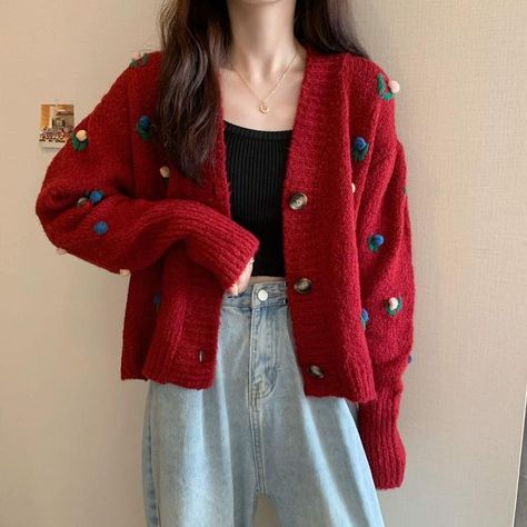 Cardigan Outfit Korean, Boots Pattern, Funny Stickman, Outfit Korean Style, Women's Cardigans, Outfit Korean, Clothes Korean Style, Sweaters Women, Red Cardigan