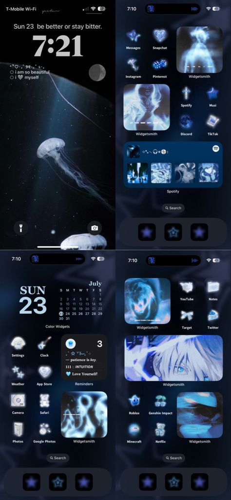 light dark blue white and black y2k stars cybercore homescreen home screen lockscreen ios 16 aesthetic aura vibe anime Dark Blue Theme Phone, Cybercore Iphone Layout, Dark Blue Ios 16 Homescreen, Dark Blue Phone Layout, Dark Blue Iphone Layout, Dark Blue Homescreen Layout, Cybercore Phone Theme, Dark Blue Lockscreen Aesthetic, Black Cybercore Wallpaper