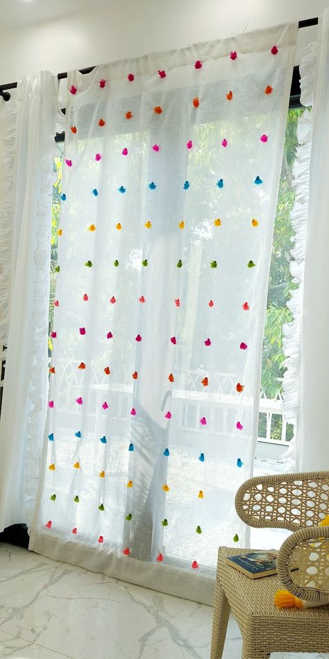 Diy Curtain Decor Ideas, Boho White Curtains, Colourful Curtains Living Room, Colorful Living Room Curtains, Fun Curtains, Aesthetic Curtains, Linen Sheers, Playroom Curtains, Classroom Curtains