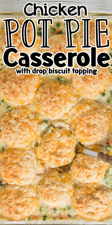 An easy twist on the classic chicken pot pie the entire family is sure to love. This easy chicken pot pie casserole with garlic cheddar drop biscuits is the perfect easy dinner recipe. Tender chicken and frozen vegetables in a creamy sauce topped with easy-to-make flaky biscuits is the ultimate comfort food. This easy chicken pot pie casserole recipe has all the flavors of a chicken pot pie but is made even easier! Chicken Pot Pie Casserole With Homemade Biscuits, Drop Biscuit Pot Pie, Easy Chicken And Biscuits Casserole, Biscuit Mix Chicken Pot Pie, Chicken And Drop Biscuits, Chicken Pot Pie With Ground Chicken, Homemade Chicken Potpies, Chicken Pot Pie With Homemade Biscuits, Creamy Chicken And Biscuits Casserole