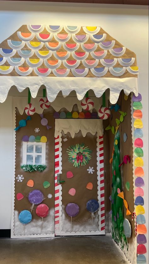 Classroom door decorating contest. Gingerbread house! Gingerbread House Door Decorations For School Bulletin Boards, Teachers Christmas Door Ideas, Door Decorating Christmas Gingerbread House, Holiday Door Decorations Contest, Christmas Door Decorating Contest For Nursing Home, 3d Classroom Christmas Door, Door Decorations Classroom Christmas Gingerbread Houses, Gingerbread House Teacher Door, Gingerbread Window Decorations