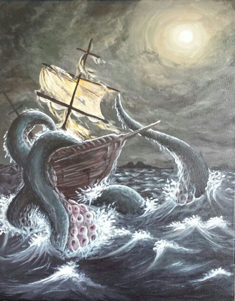 Kracken sinking a ship. Acrilic paint. Artist - Heidi Marks Kraken Ship, Kraken Drawing, Kraken Art, Sea Drawing, Boat Illustration, Pencil Drawings For Beginners, Boat Drawing, Water Drawing, Ship Artwork