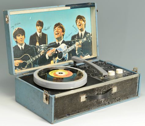 beatles record case | Lot 737: 1964 Beatles Record Player NEMS & one 45 record - Image 2 Beatles Videos, Beatles Merchandise, Beatles Wallpaper, Beatles Memorabilia, Blue Cabinet, Beatles Cartoon, Record Case, John Lennon Paul Mccartney, Beatles Photos