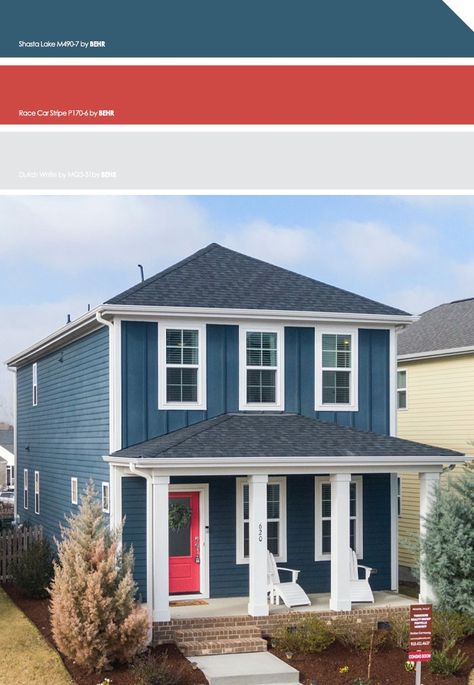 Blue painted house with red doors Red Door House, Home Shelter, Red Doors, Stainless Steel Kitchen Appliances, Painted House, Paint Color Ideas, Green Kitchen Cabinets, Exterior Paint Color, Exterior Paint Colors For House