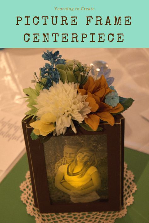 Picture Frame Centerpieces, Picture Centerpieces, Unique Home Decor Ideas, Centerpiece Tutorial, Photo Centerpieces, Anniversary Decoration, 50th Anniversary Party, 90's Birthday Party, Flower Centerpiece