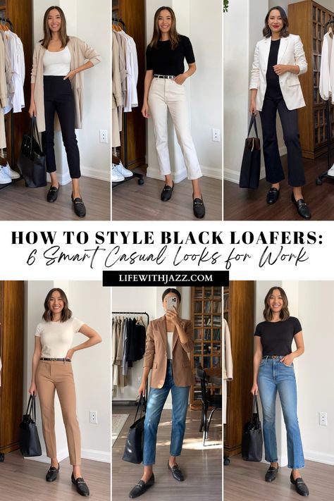 Today I'm sharing how to style black loafers six smart casual ways for work, with my go-to pair from Sam Edelman! Black Loafers Outfit Work, Style Black Loafers, Black Loafer Outfits Women, How To Style Loafers Women, Black Dress Pants Outfits, Loafers Women Outfit, How To Style Loafers, Life With Jazz, Black Loafers Outfit