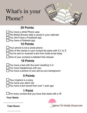 Free Printable What's in Your Phone Bridal Shower Game The Panty Game Free Printable, Bridal Shower Invitations Free, Bridal Shower Prizes, White Phone Case, Bridal Parties Pictures, Fun Bridal Shower Games, Disney Bridal Showers, Bridal Brunch Invitations, Phone Games