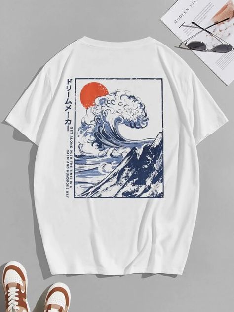 Aesthetic Tshirt Design Ideas Vintage, Shirt Print Design Graphic Tees, T-shirt Designs, Japanese Tshirt Design, Graphic Design Tshirt, Men Graphic Tees, Japanese T Shirt, Shein Shirts, Wave Japanese