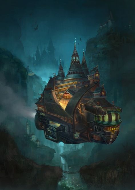 (3) My Fantasy Life on Tumblr Steampunk Tech, Steampunk Garage, Flying House, Steampunk Airship, Kaptan Jack Sparrow, Psy Art, Fantasy Places, Houseboat, Steampunk Art