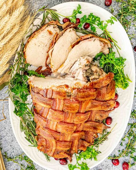 Transform your dinner with this Bacon-Wrapped Turkey Breast - where every slice is a bite of heaven! #TurkeyPerfection #BaconWrappedDelight Bacon Lattice Turkey, Bacon Wrapped Turkey Tenderloin, Turkey Breast Recipes Oven, Bacon Wrapped Turkey Breast, Bacon Wrapped Turkey, Turkey Breast Recipes, Keto Thanksgiving Recipes, Bacon Turkey, Turkey Bacon Wrap