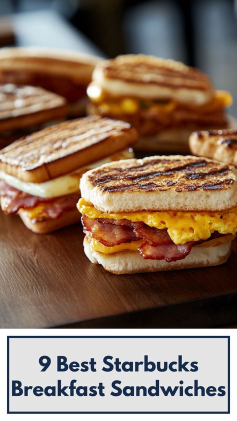 A close-up image of a variety of Starbucks breakfast sandwiches on a wooden board, featuring options like Bacon, Gouda & Egg and Double-Smoked Bacon, showcasing fresh ingredients and golden, toasted bread. Starbucks Breakfast Sandwich, Starbucks Breakfast, Breakfast Sandwiches, Starbucks Recipes, Smoked Bacon, Move It, Breakfast Treats, Breakfast Sandwich, Coffee Drinks