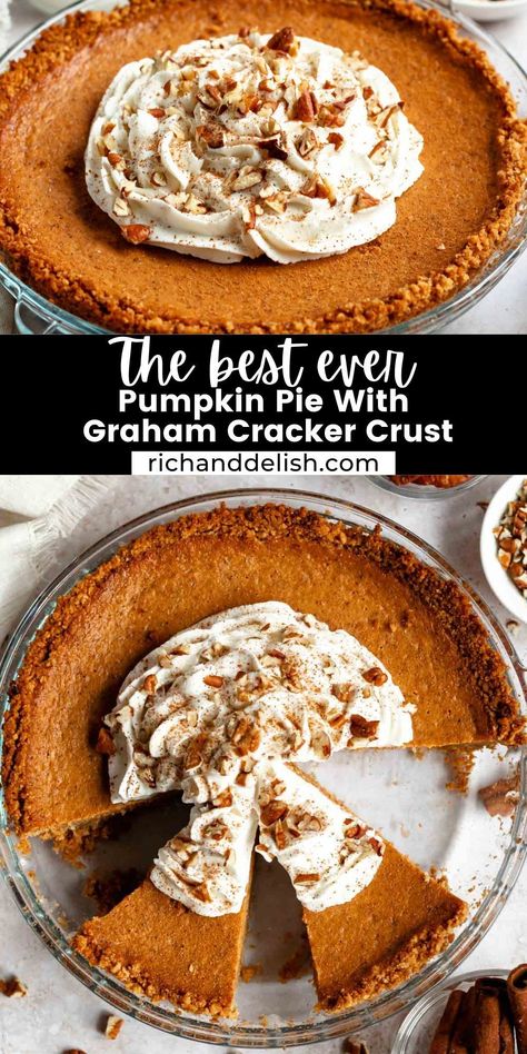 This pumpkin pie with graham cracker crust is the easiest pie ever and is so delicious. It has an easy 3 ingredient graham cracker crust filled with a creamy and flavorful pumpkin pie filling. Best Pumpkin Pie Graham Cracker Crust, Graham Crust Pumpkin Pie, Easy Pumpkin Pie Graham Cracker Crust, Easy Pie Recipes Graham Cracker Crust, Pumpkin Pie With Graham Cracker Crust Easy, Pumpkin Graham Cracker Crust, Pumpkin Pie Graham Cracker Crust Easy Recipe, Gram Cracker Crust Pumpkin Pie, Pumpkin Pie With Cookie Crust