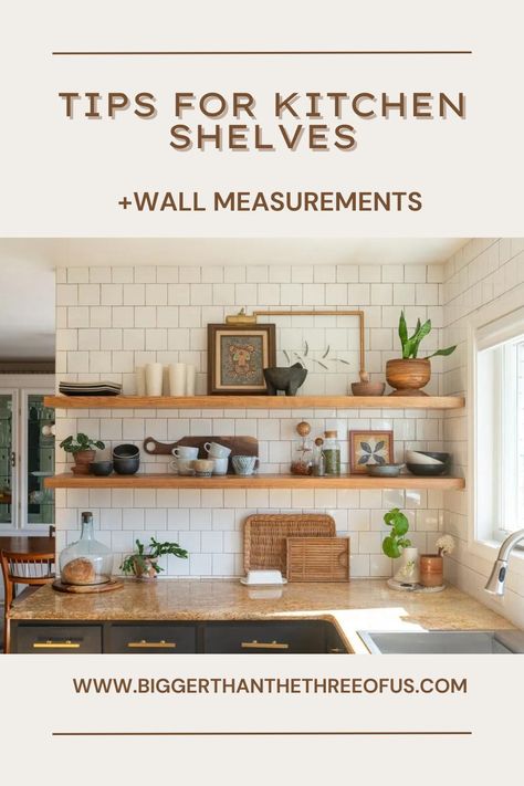 wall measurements for wood shelves in kitchen Floating Shelves Between Kitchen Cabinets, Upper Shelves In Kitchen, Long Kitchen Shelves, One Floating Shelf Kitchen, Open Shelves Backsplash, Kitchen Wooden Floating Shelves, Kitchen Coffee Station With Floating Shelves, Backsplash For Open Shelving, Kitchen Shelf Under Cabinet