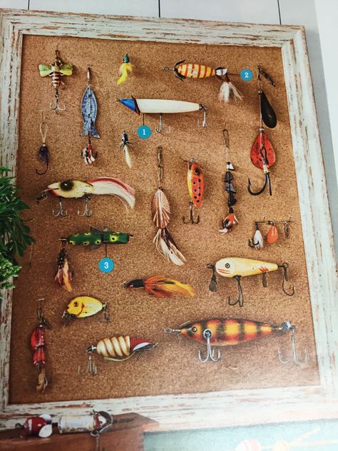 Fishing Bedroom, Fishing Lures Display, Antique Fishing Lures, Fishing Room, Lake Decor, Lake Living, Lake Cottage, Fishing Decor, Lake Cabins