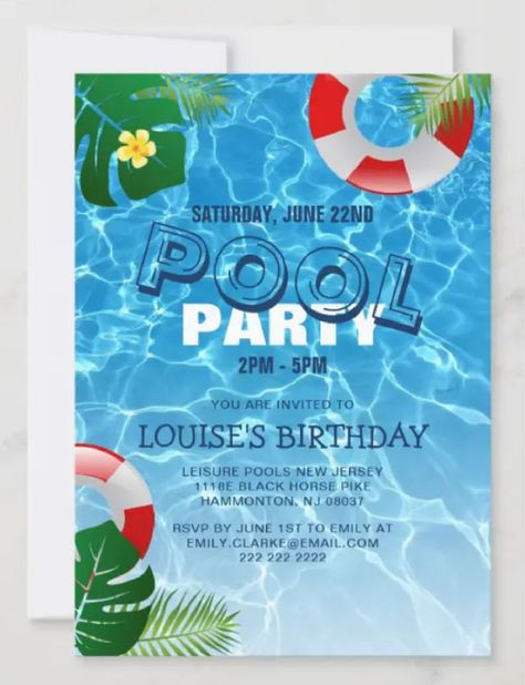 Cool Pool Party | Swimming Birthday Invitation Who does'nt love a pool party? This invitation oozes summer with it's crystal clear aqua blue water, gentle ripples enticing you in for a swim or splash around to cool off. The design is decorated with tropical green foliage leaves, a bright tropical yellow flower and traditional inflatable rings. It's modern template includes a fun 'POOL PARTY' title and is created using navy blue and white font. All text is easily customized and has matching items Summer Birthday Party Ideas, Summer Birthday Party Invitations, Pool Birthday Invitations, Pool Party Invitation Template, Summer Birthday Invitations, Sports Birthday Invitations, Pool Party Birthday Invitations, Cute Birthday Party, Pool Party Ideas