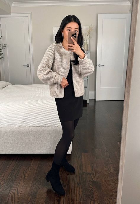 petite cozy chic holiday outfit // black mini skirt + tights with sock ankle booties + cozy oversized cardigan Black Sock Boots Outfit, Sock Booties Outfit, Sock Boots Outfit, Sweater Skirt Outfit, Sock Ankle Boots, Boots Outfit Ankle, Booties Outfit, Straight Cut Jeans, Sock Boots