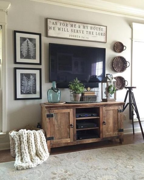 How To Decorate Around A Tv, Rustic Farmhouse Living Room, Living Room Decor Rustic, Trendy Living Rooms, Tv Decor, Farmhouse Decor Living Room, Living Room Tv Wall, Design Seeds, Rustic Living Room