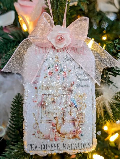 Shabby Victorian Glass Glitter Decoupage Tea Shop Pink Roses Christmas Ornament | eBay Gingerbread Christmas Gift Tags, Vintage Christmas Paper Crafts, Decoupage Christmas Ornaments, Christmas Fundraiser, Christmas Cubicle, Tags For Handmade Items, Shabby Chic Printables, Shabby Chic Tags, Xmas Projects