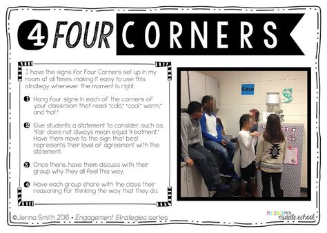 Musings from the Middle School: Strategy #4 - Four Corners (Engagement Strategies Series) Avid Strategies, Middle School Language Arts, Social Studies Classroom, Middle School Reading, Engagement Strategies, Instructional Strategies, Instructional Coaching, 6th Grade Ela, Education Level