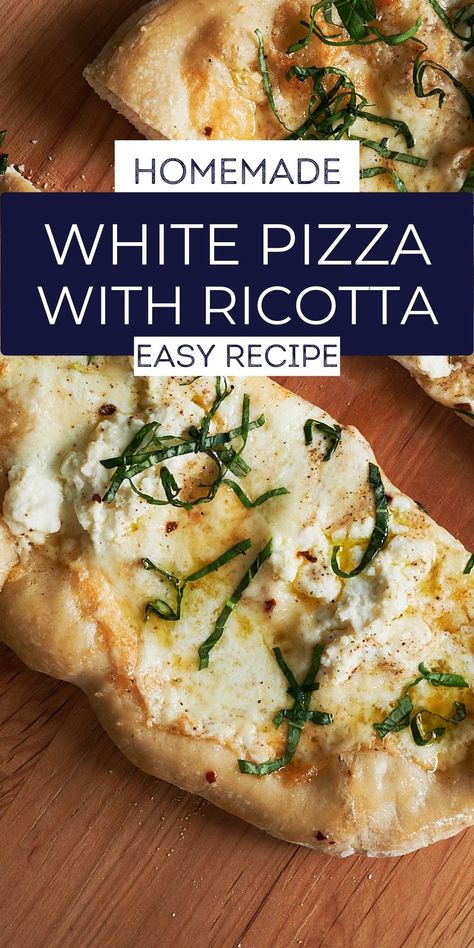 Blanca Pizza Recipe, Naan White Pizza Recipes, Homemade Alfredo Pizza, White Ricotta Pizza, White Pizza With Ricotta Cheese, Ricotta Pizza Sauce, Ricotta On Pizza, Homemade White Sauce Pizza, Fresh Pizza Recipes