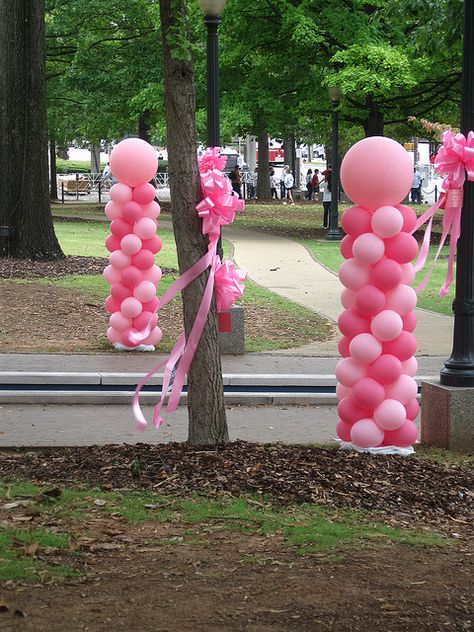 Pink Out Hallway School, Pink Out Decorations, Pink Balloon Tower, Pink Out Ideas, Pink Ribbon Decorations, Pinktober Awareness Ideas, Pink Ceiling Balloons, Pinktober Awareness Decoration, American Girl Birthday Party